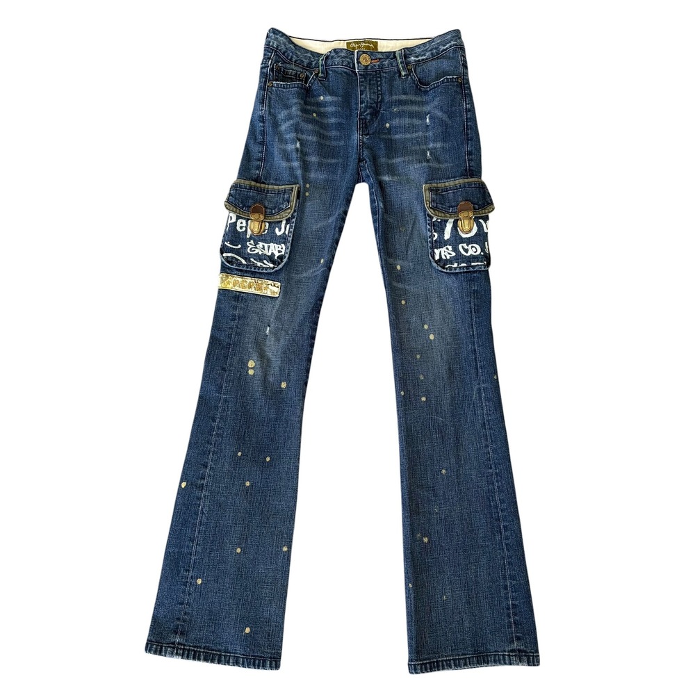 Pepe Jeans Rare Y2K Cargo Jeans Flap Pocket Paint Splatter Denim Low Rise Skater